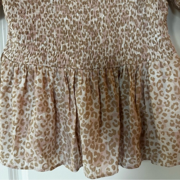 Nine West Puff Sleeve Smocked Peplum Top Leopard Print Beige/Pink Medium - Picture 2 of 15